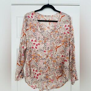 Hinge Blouse Long Sleeve Floral Top Fall Autumn Loose Fit Flowy V Neck Medium